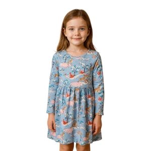 Mini Boden girl's blue Woodland print long-sleeve dress.